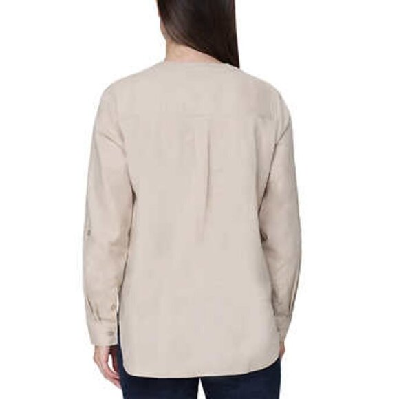 NEW Tahari Roll Tab Linen Blend Shirt | Tan - Picture 2 of 7